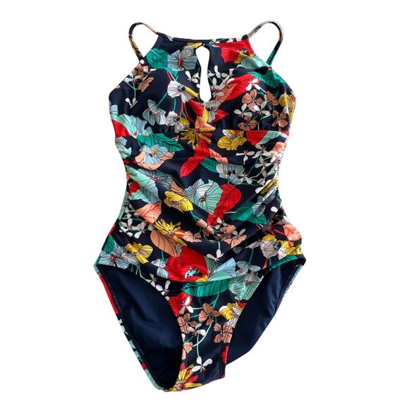 Ellen Tracy Keyhole High Neck One Piece Swimsuit Tropical Floral Size 6 Ruching - Picture 1 of 16